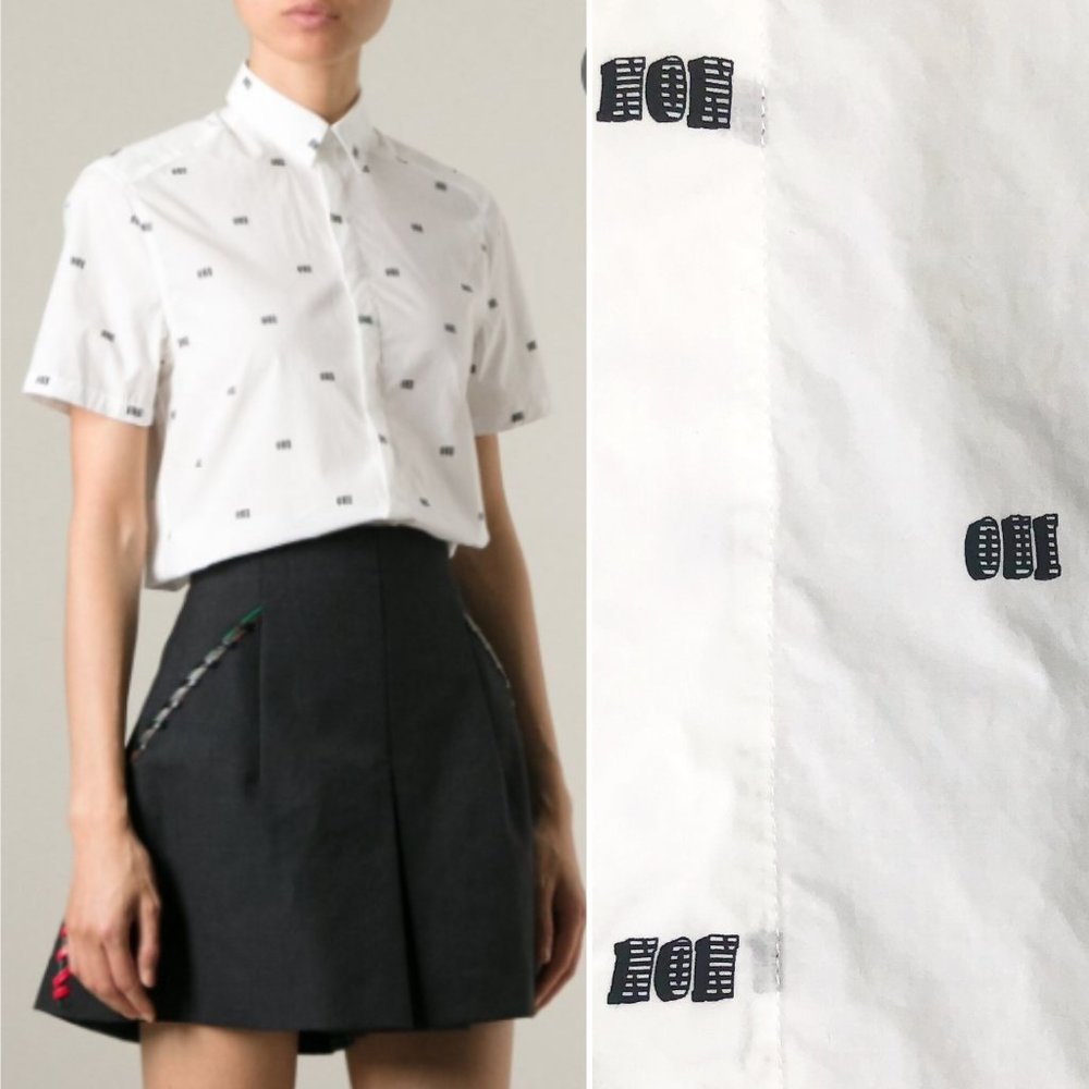 Kenzo White Short-Sleeve Button-Down Shirt with Black Micro Logo Print